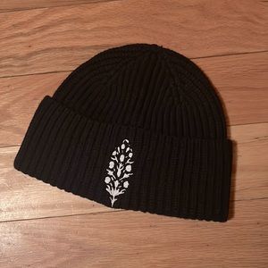 Free People Black Beanie with Silver Leaf - fitted